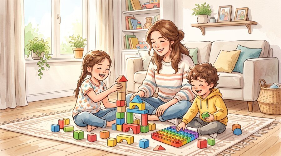 A mother playing blocks with her two children at home