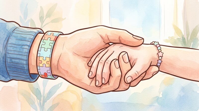 Two hands with autism-awareness bracelets holding each other